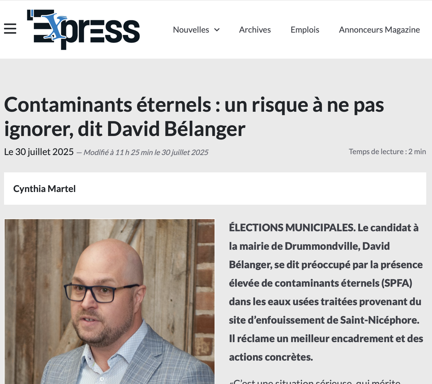 Contaminants éternels, réaction de David Bélanger.